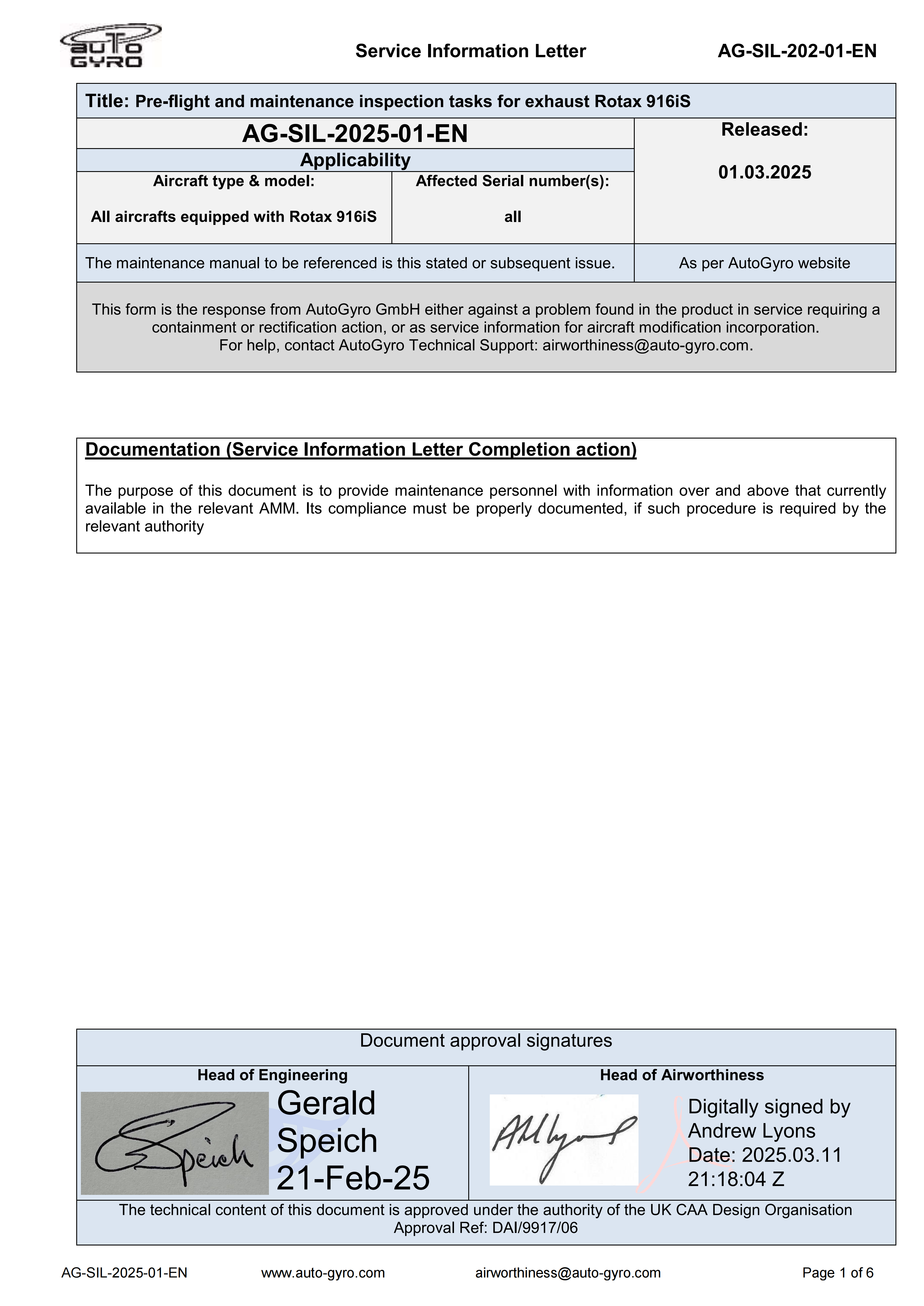 AG-SIL-2025-01-EN - Pre-flight and maintenance inspection tasks for exhaust Rotax 916iS