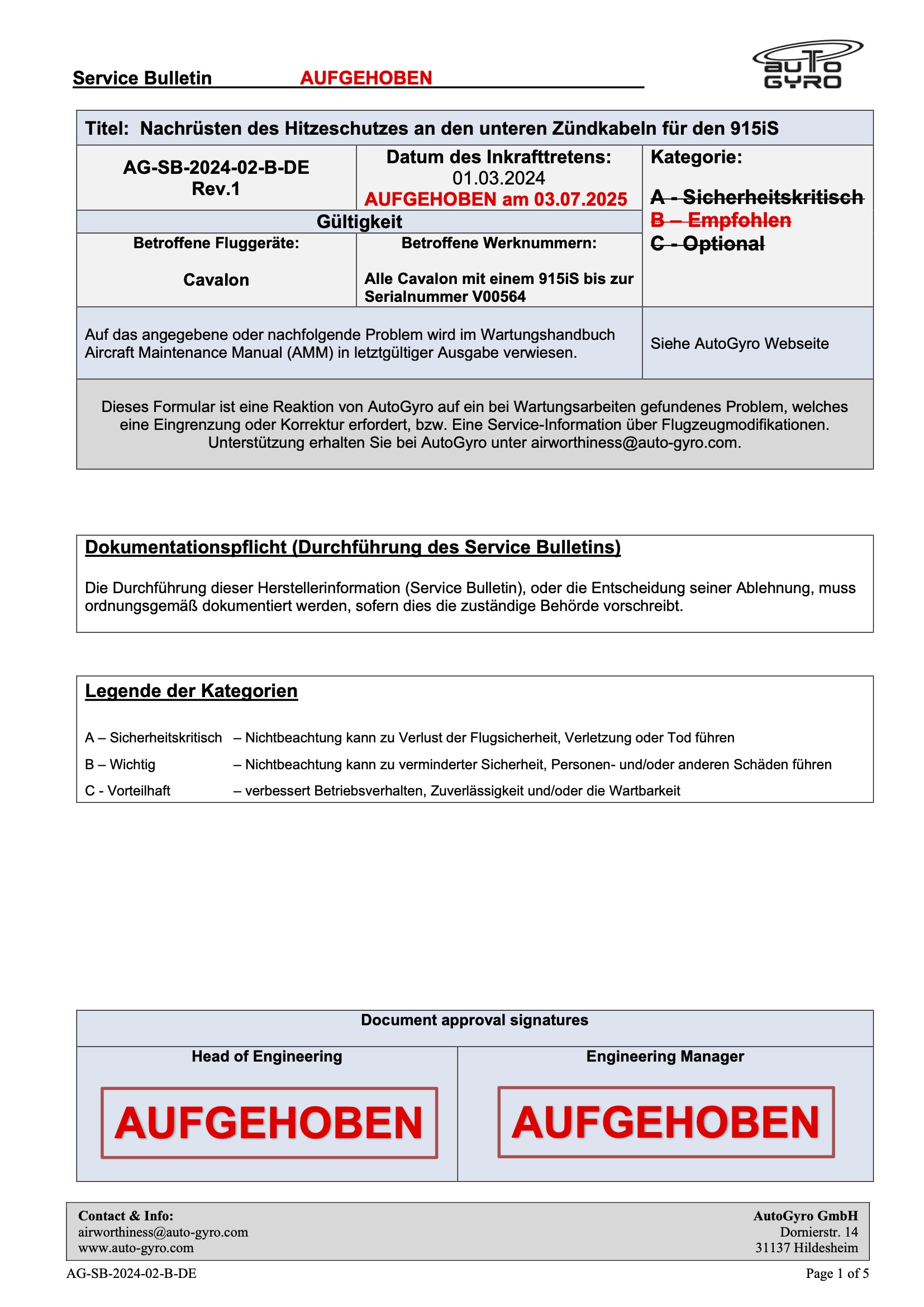 AG-SB-2024-02-B-DE Rev1 -AUFGEHOBEN Nachrüsten des zusätzlichen Hitzeschutzes für die unteren Zündkabel am 915iS am Cavalon