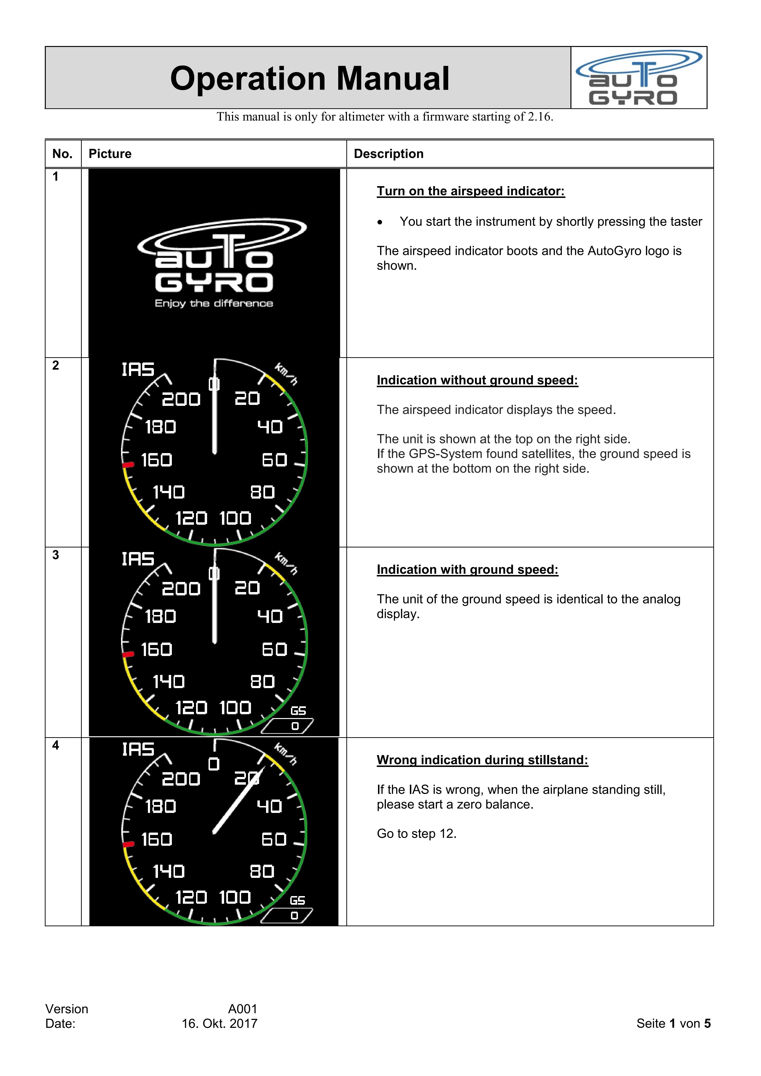 A001 - Operation Manual Autogyro Digital Airspeed Indicator