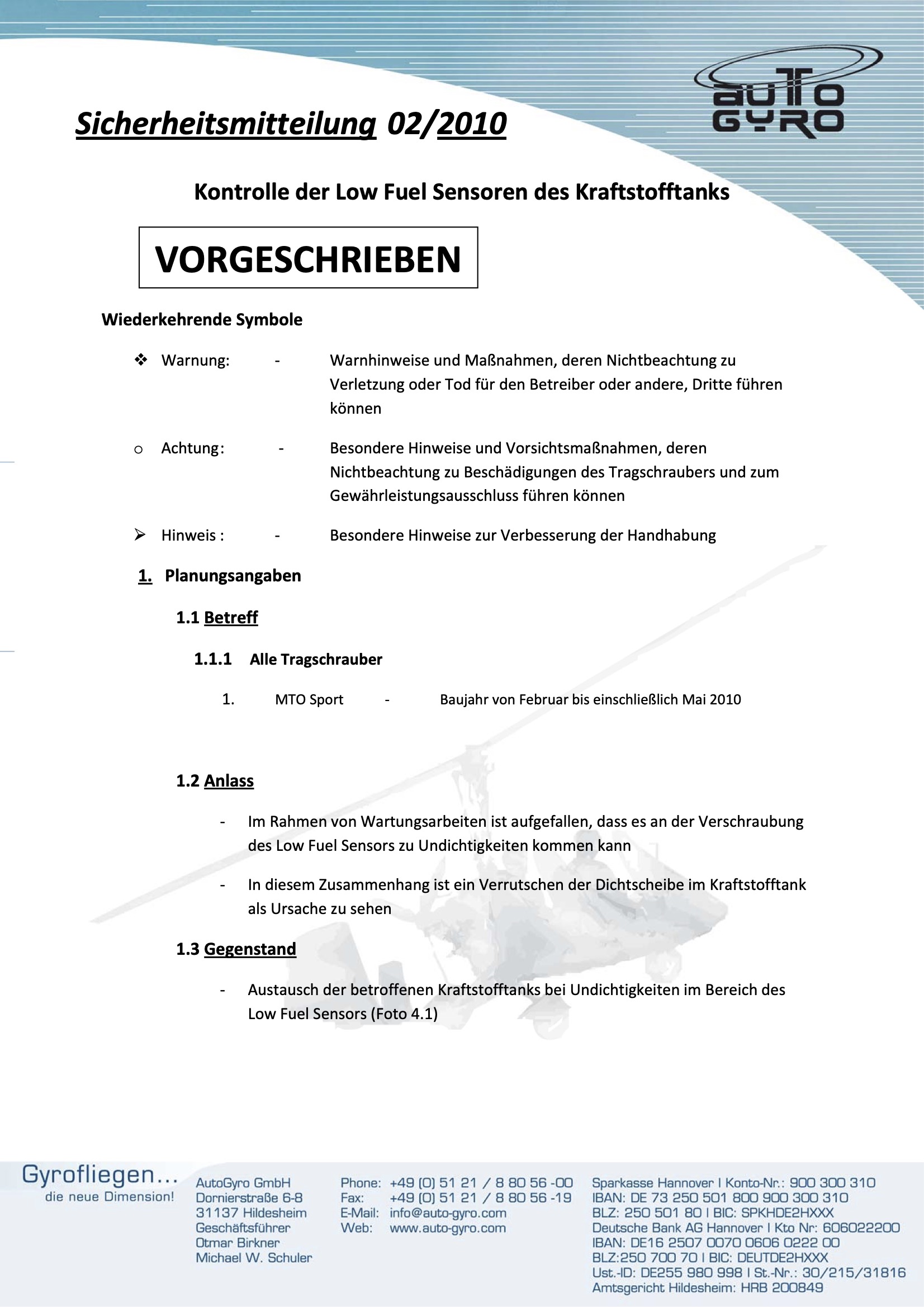 2010 02 Sicherheitsmitteilung Kontrolle Low Fuel Sensor