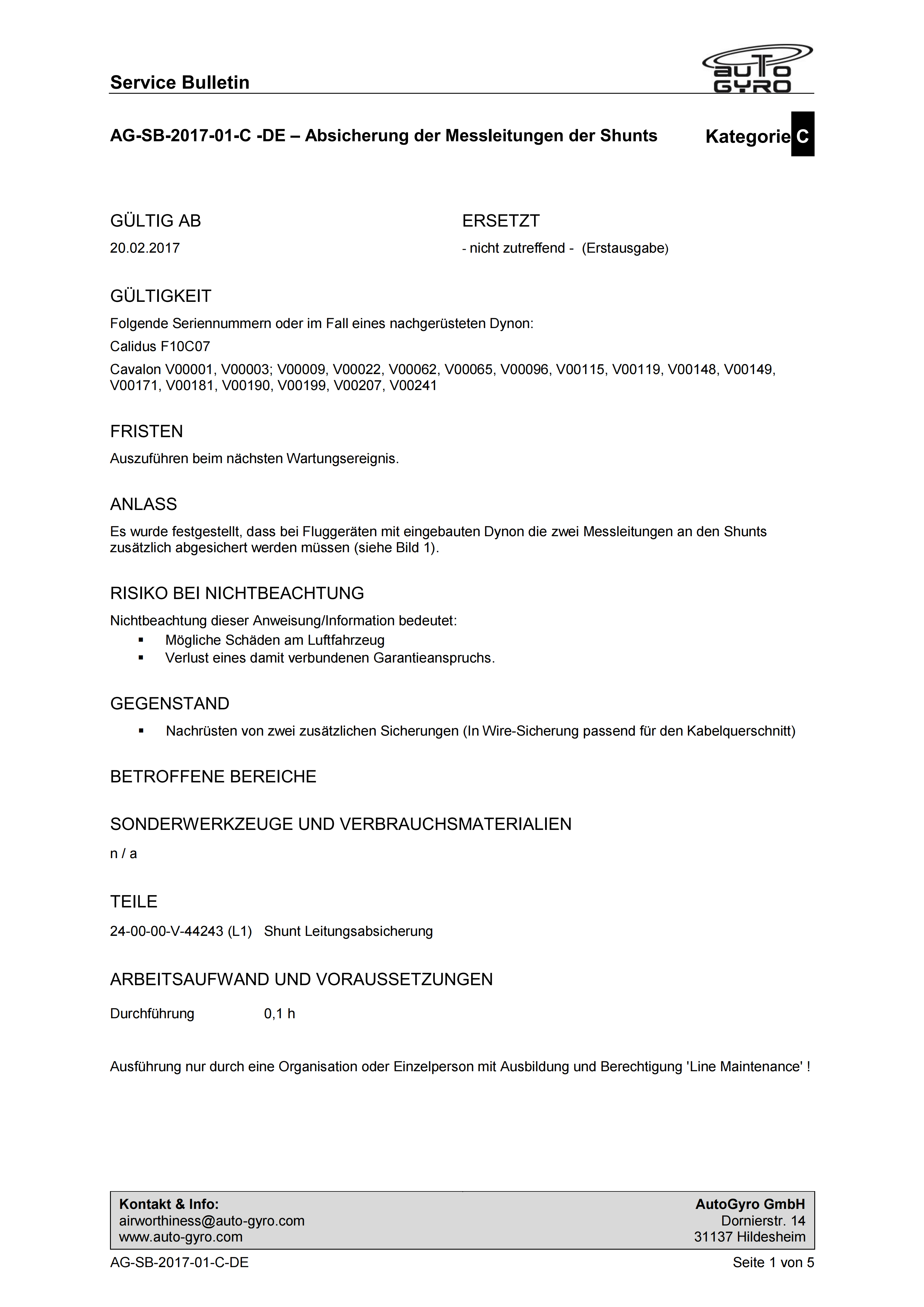 AG-SB-2017-01-C-DE - Calidus Absicherung Shunts