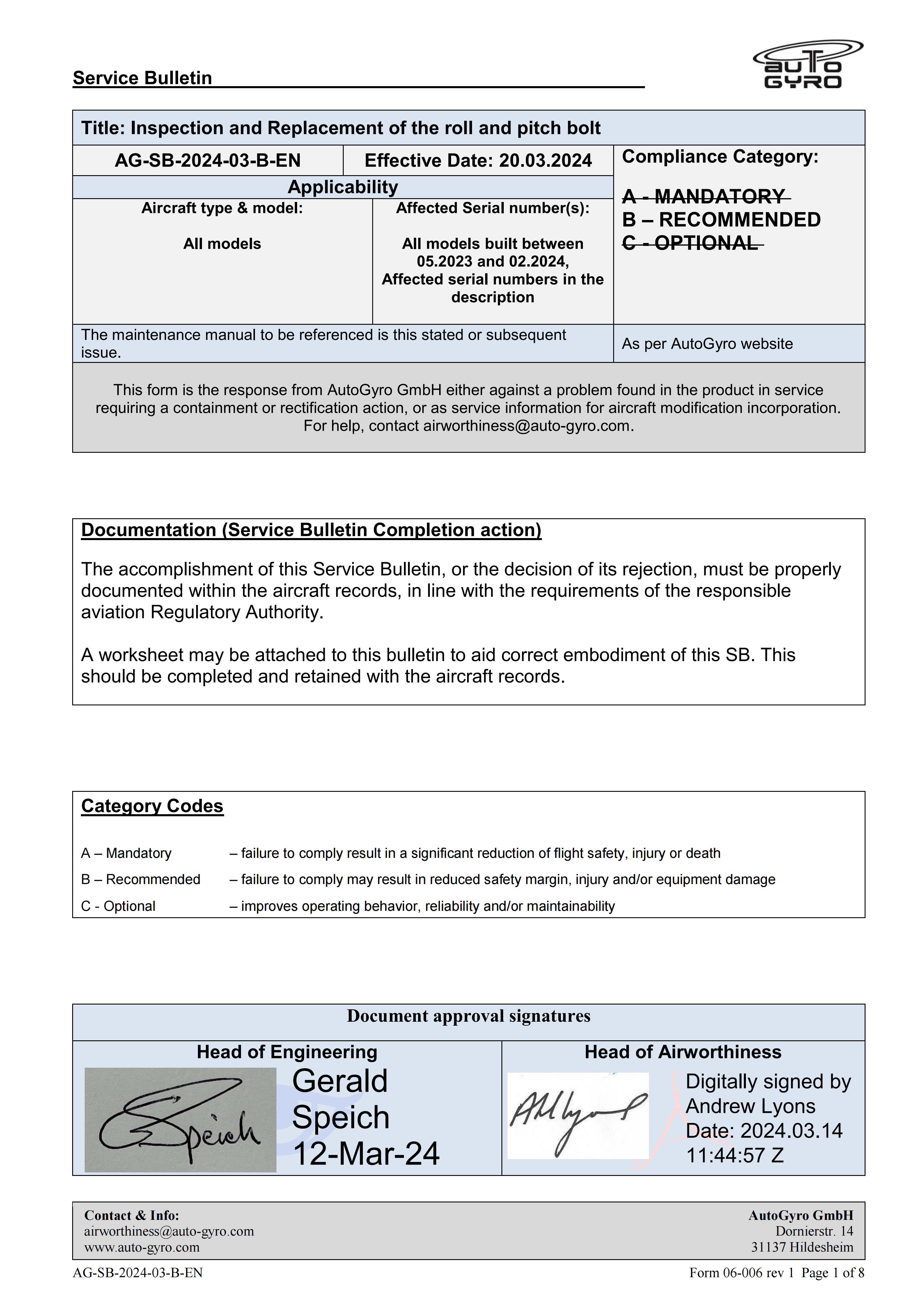 AG-SB-2024-03-B-EN - All Models Inspection and Replacement of the Pitch and Roll Bolt