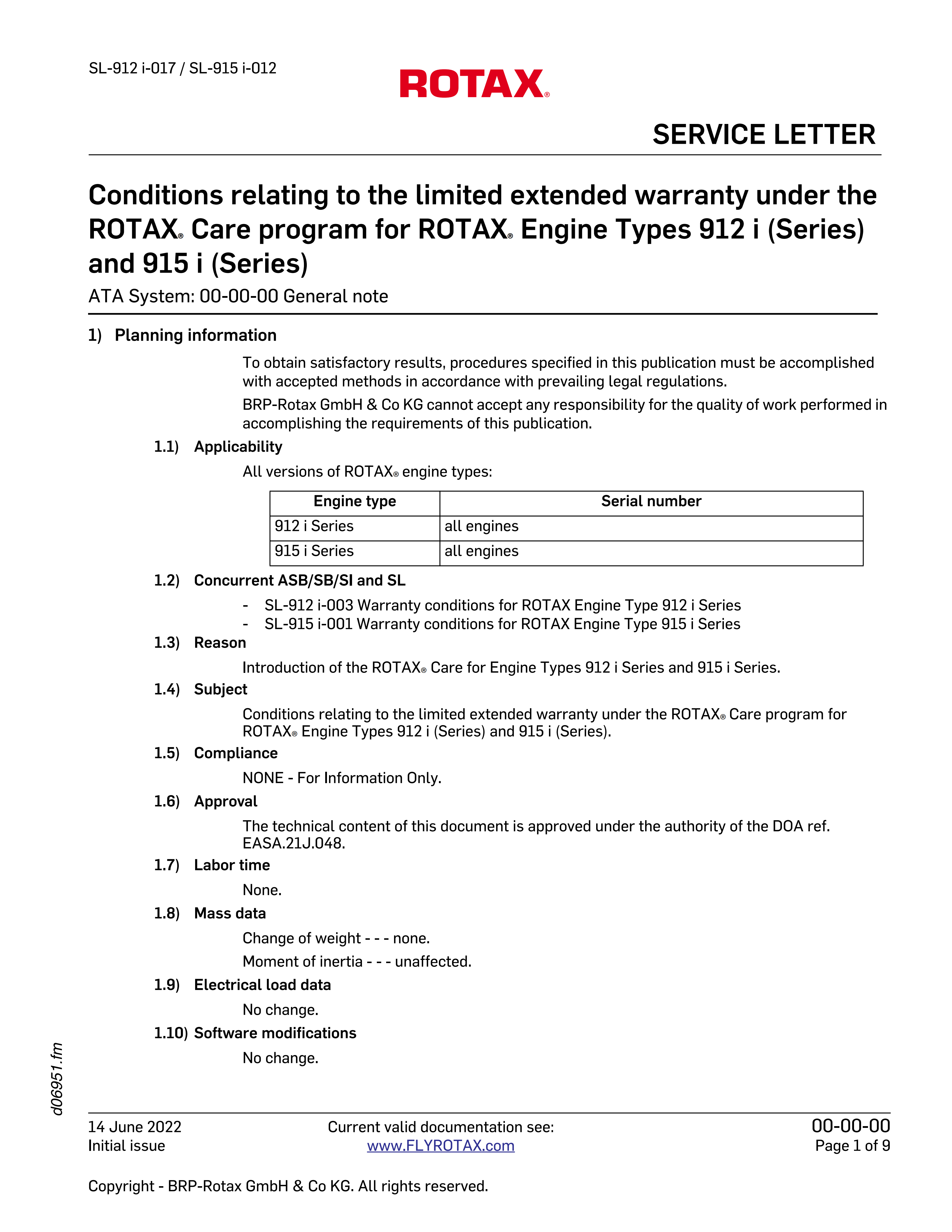 01 SIL_ Rotax SL-912 i-017 915 i-012 Warranty Conditions ROTAX 912 i and 915 i