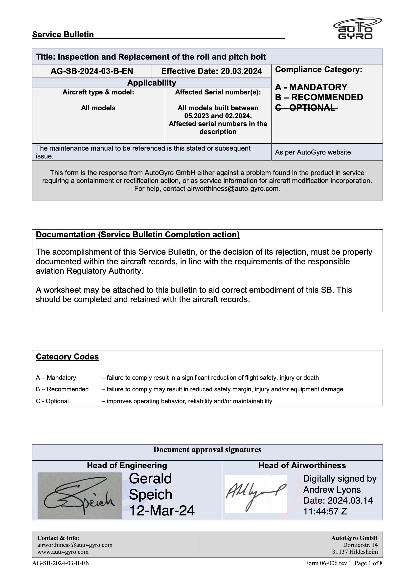 AG-SB-2024-03-B-EN - All Models Inspection and Replacement of the Pitch and Roll Bolt