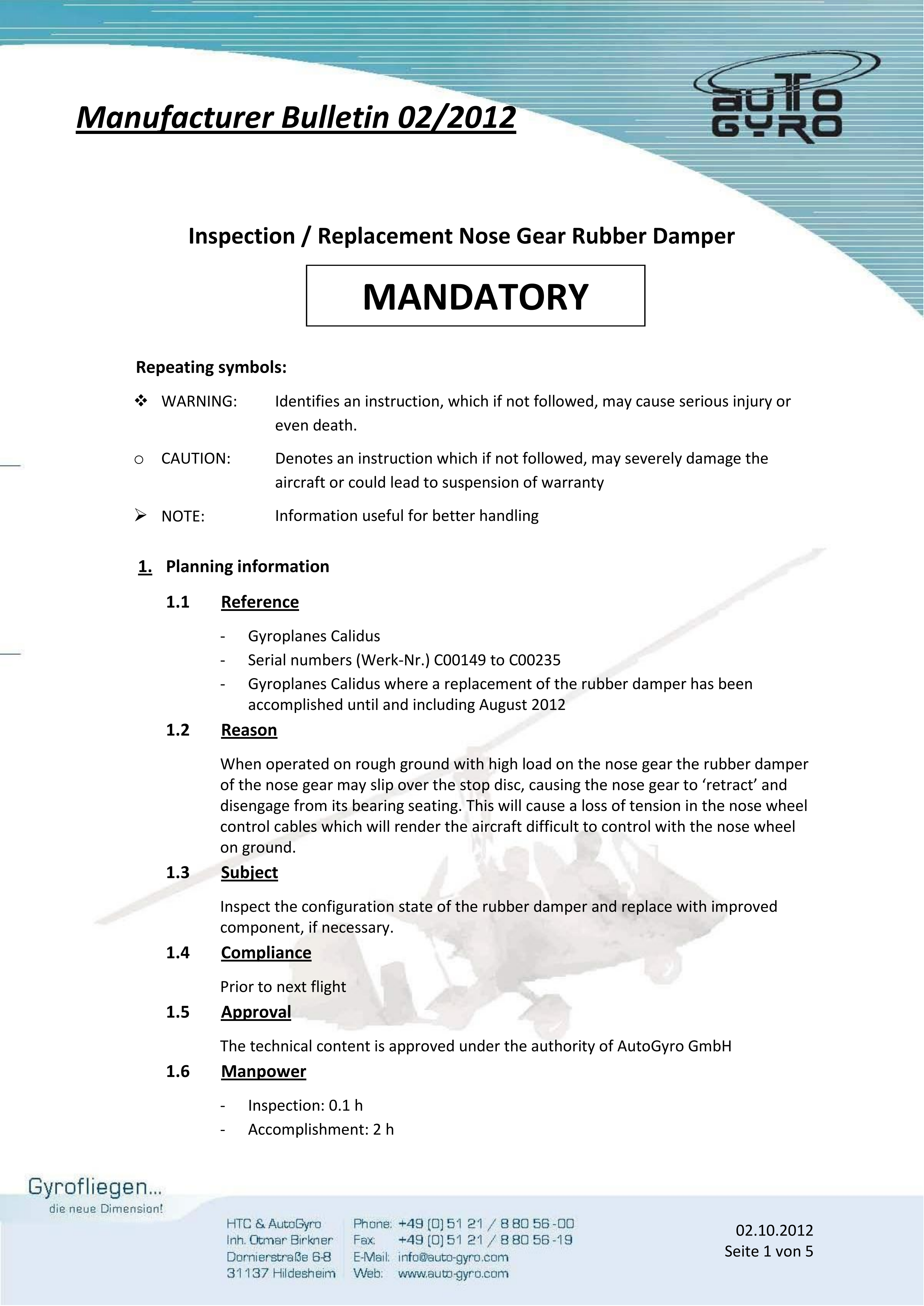 2012 02 Manufacturer Bulletin Nose Gear Rubber Damper