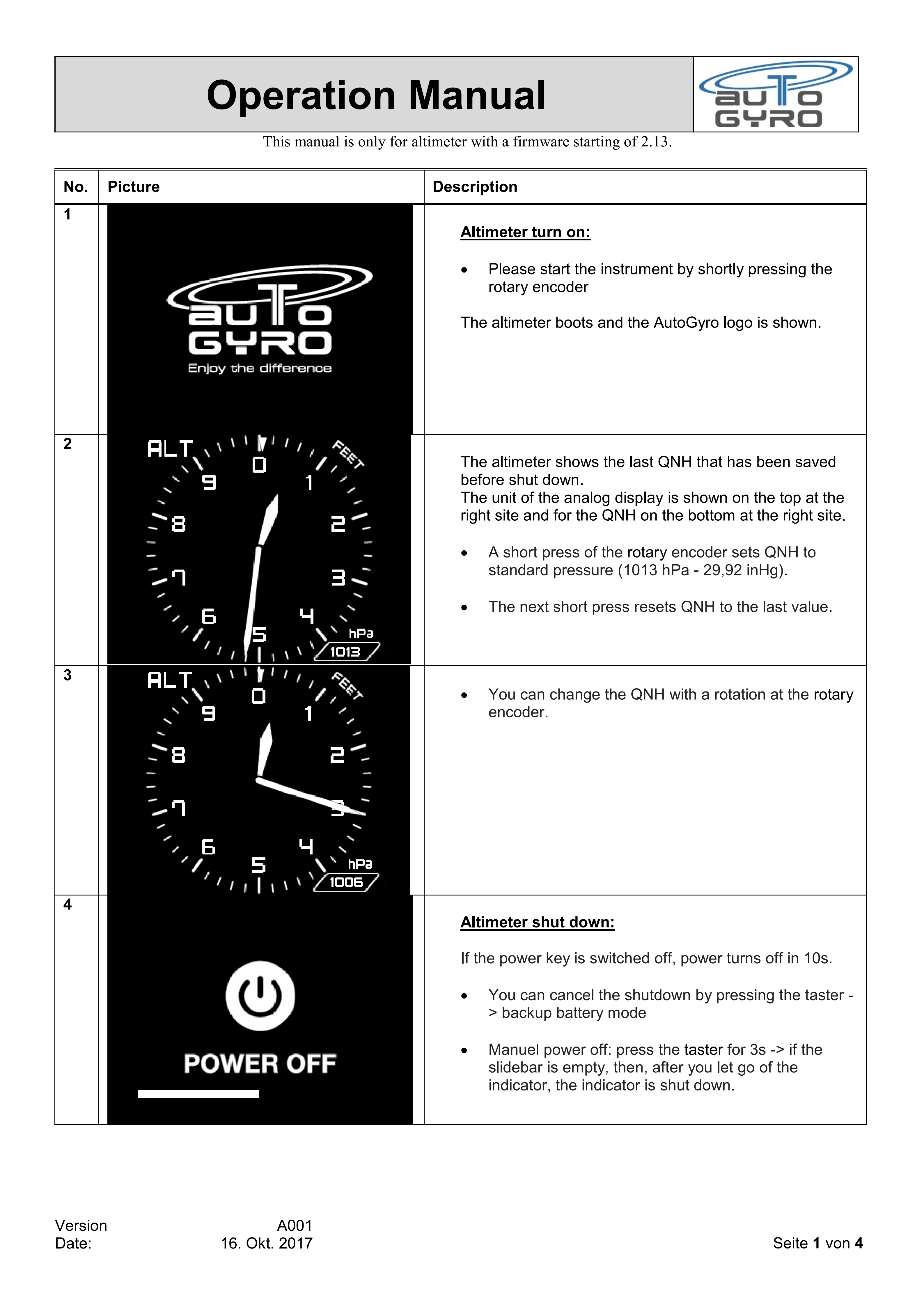 A001 - Operation Manual Autogyro Digital Altimeter