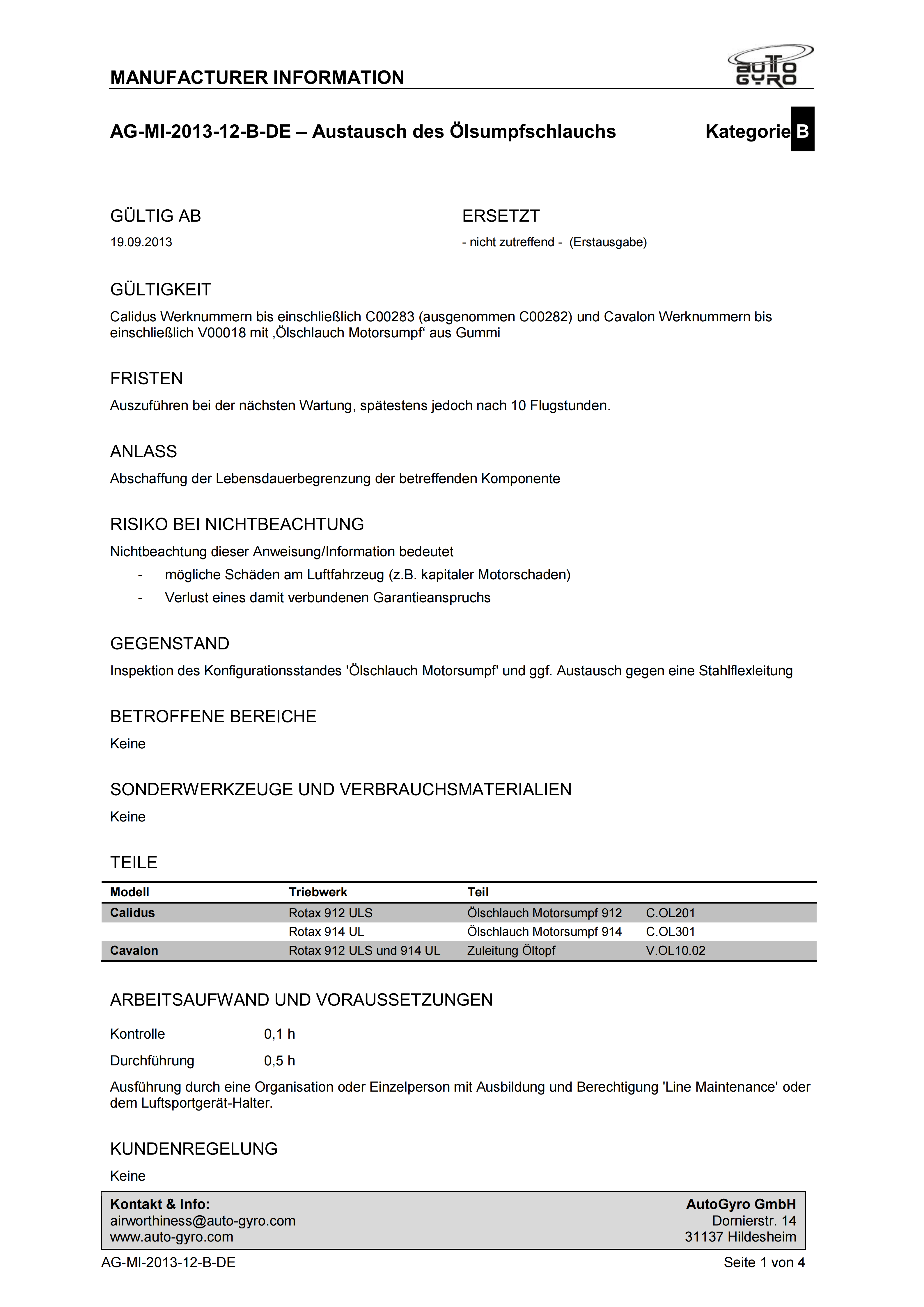 AG-SB-2013-12-B-DE - Calidus Cavalon Auswechselung Ölsumpfschlauch